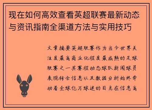 现在如何高效查看英超联赛最新动态与资讯指南全渠道方法与实用技巧